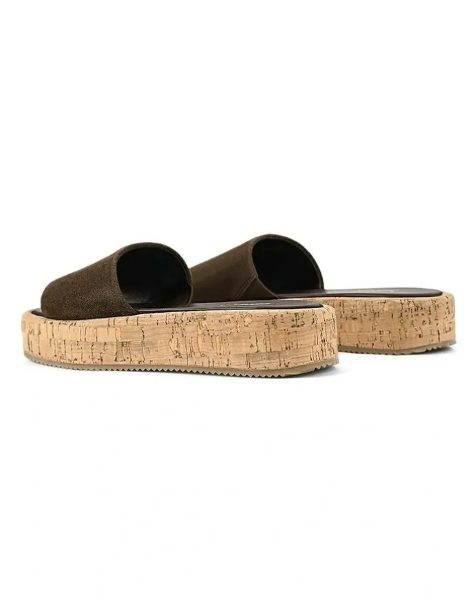 Siren Detroit Flatform Slides in Chocolate Brown Suede & Cork