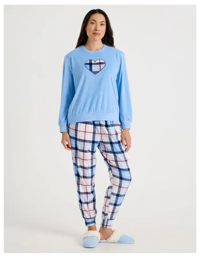 Soho Cosy Fleece Pyjama Set in Chocolate Heart Check Print