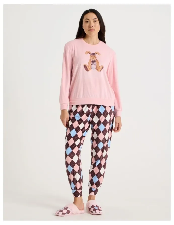 Soho Cosy Fleece Pyjama Set in Bunny Argyle Print
