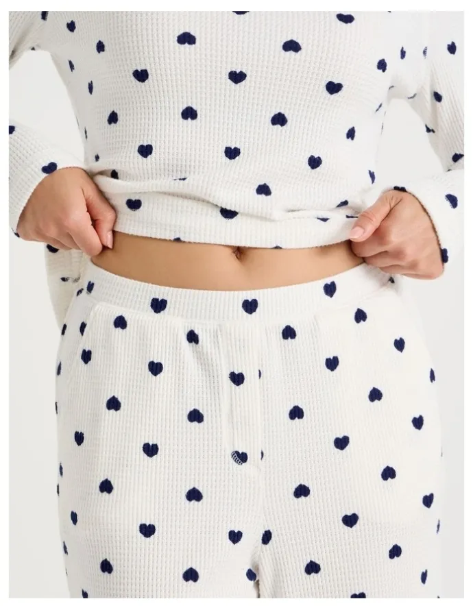 Soho Crew Neck Long Sleeve Pyjama Set in Navy Hearts Print