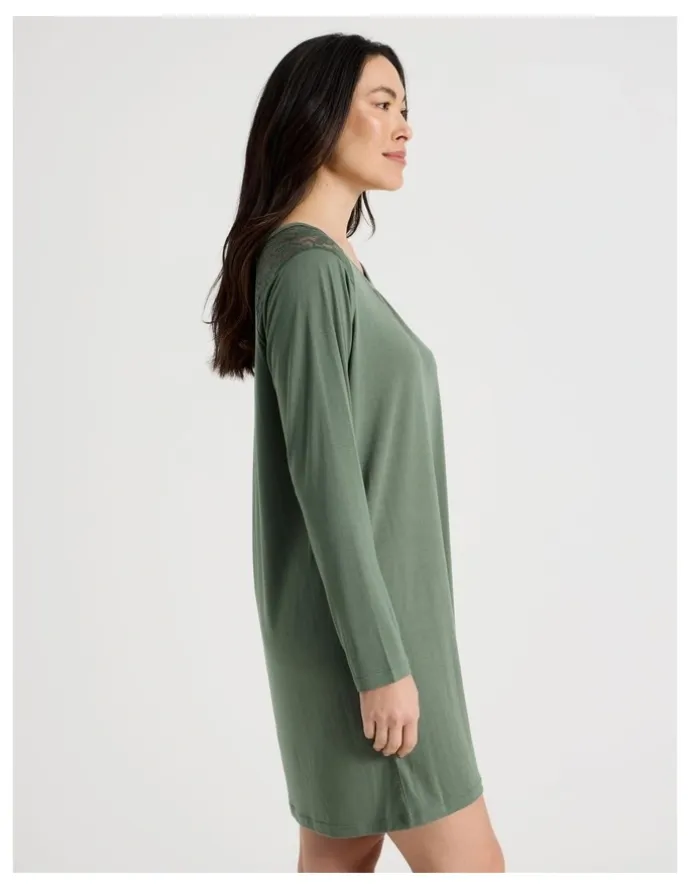 Soho Everyday Lace Long Sleeve Nightie in Laurel Green