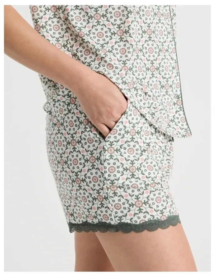 Soho Everyday Lace Short Sleeve Short Leg Pyjama Set in Laurel Green Tile Print