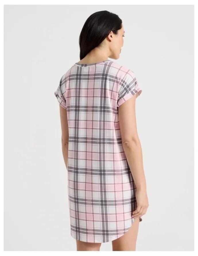 Soho Everyday Short Sleeve Nightie in Pink & Purple Check Print