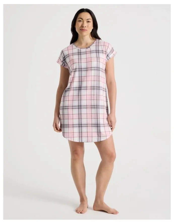Soho Everyday Short Sleeve Nightie in Pink & Purple Check Print