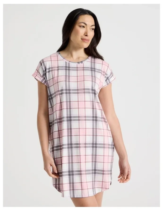 Soho Everyday Short Sleeve Nightie in Pink & Purple Check Print