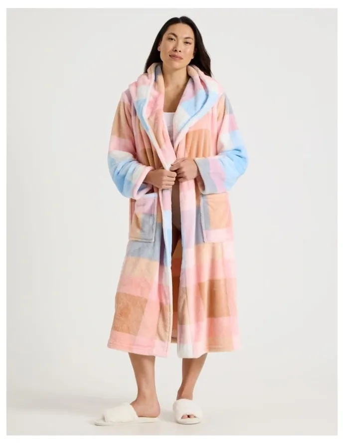 Soho Fleece Hooded Robe in Blue Check Print