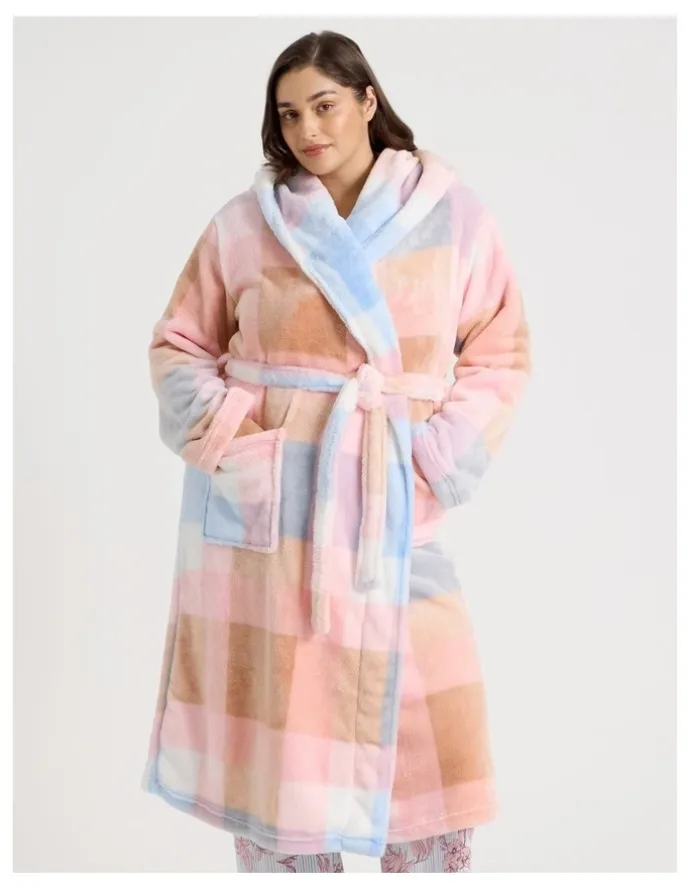 Soho Fleece Hooded Robe in Blue Check Print