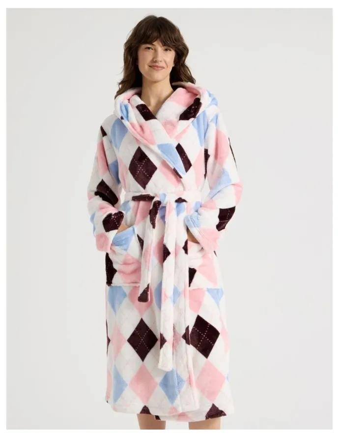 Soho Fleece Hooded Robe in Pink Argyle Print