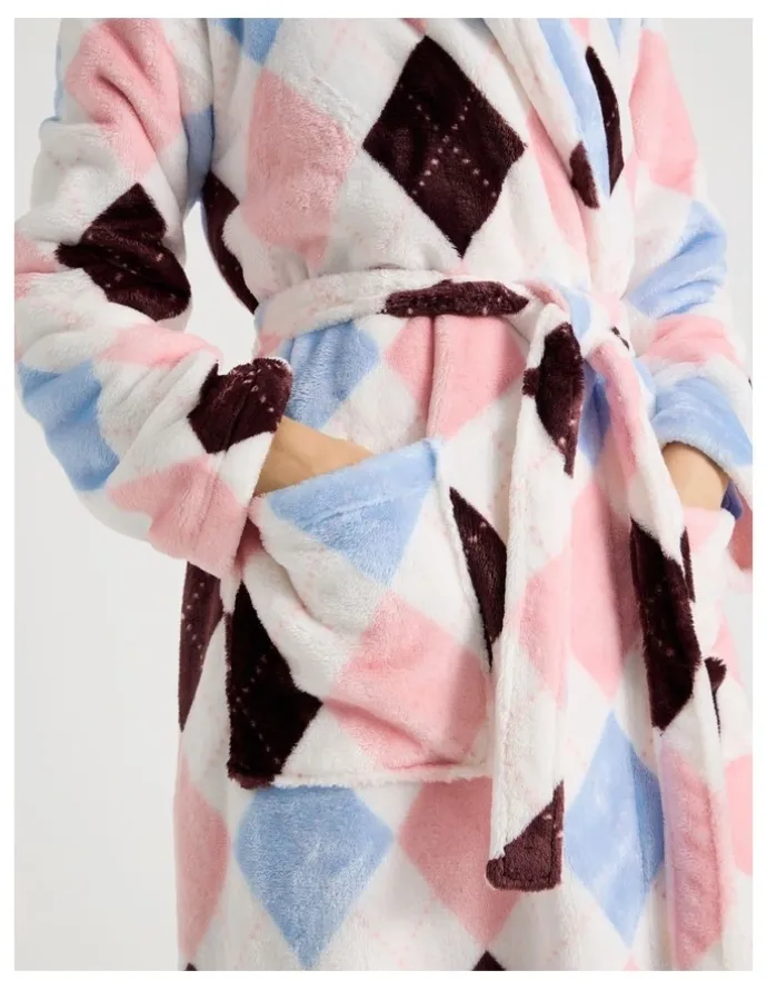 Soho Fleece Hooded Robe in Pink Argyle Print