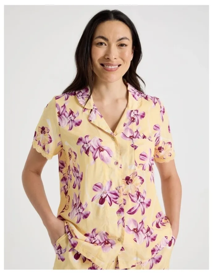 Soho Serene Woven Viscose Short Sleeve Long Pant Pyjama Set in Yellow Orchid Print