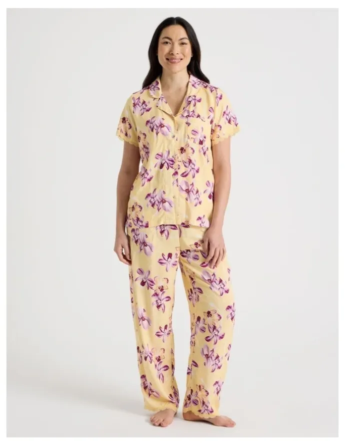 Soho Serene Woven Viscose Short Sleeve Long Pant Pyjama Set in Yellow Orchid Print