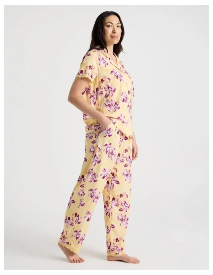 Soho Serene Woven Viscose Short Sleeve Long Pant Pyjama Set in Yellow Orchid Print