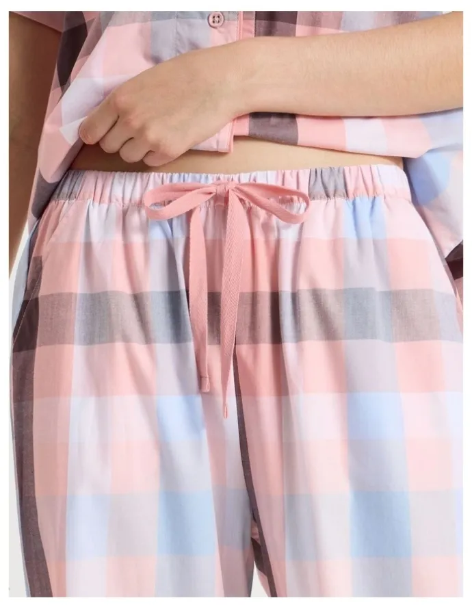Soho Short Sleeve Long Pant PJ Set in Pink Check Print