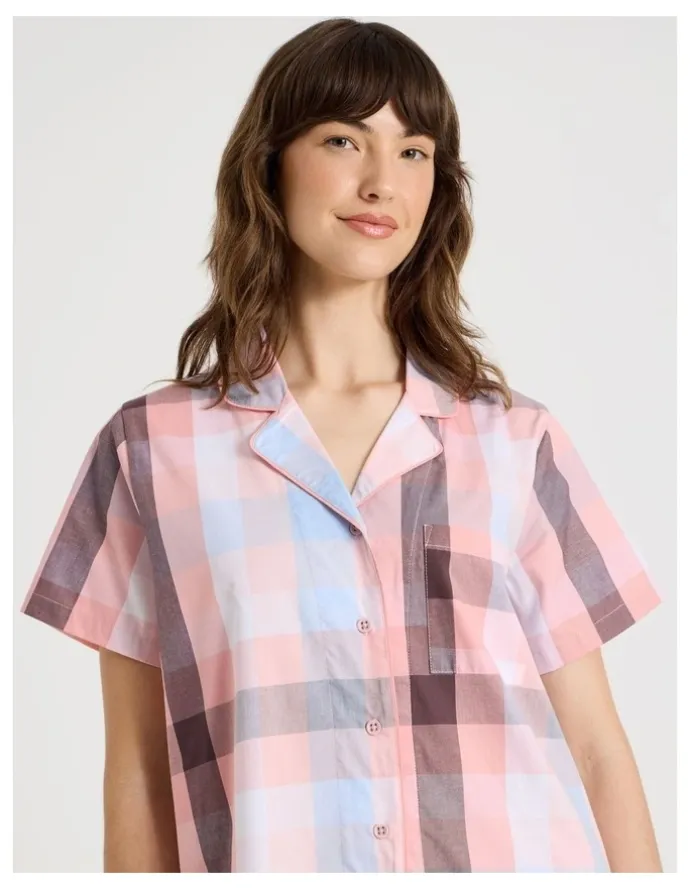 Soho Short Sleeve Long Pant PJ Set in Pink Check Print