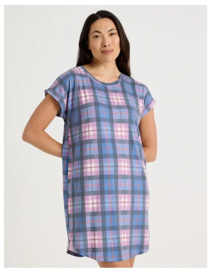 Soho Short Sleeve Nightie in Lilac Check Print