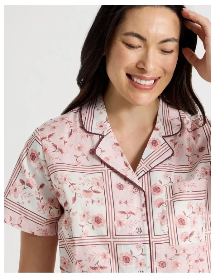 Soho Core Cotton Short Sleeve Long Pant Pyjama Set in Floral Grid Print