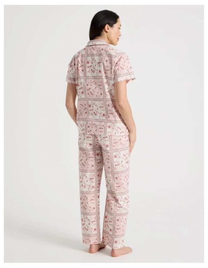 Soho Core Cotton Short Sleeve Long Pant Pyjama Set in Floral Grid Print