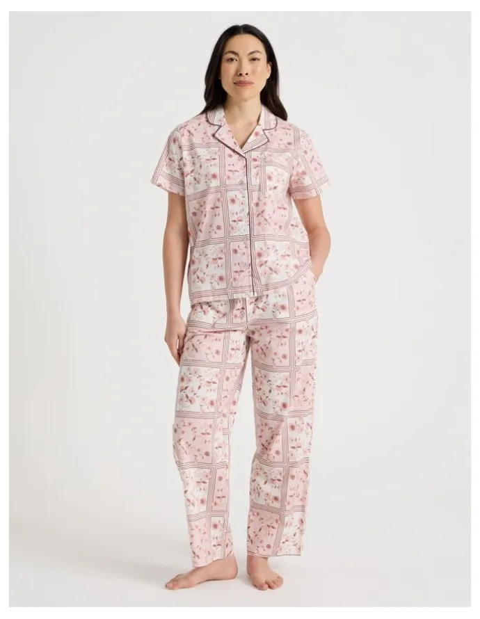 Soho Core Cotton Short Sleeve Long Pant Pyjama Set in Floral Grid Print