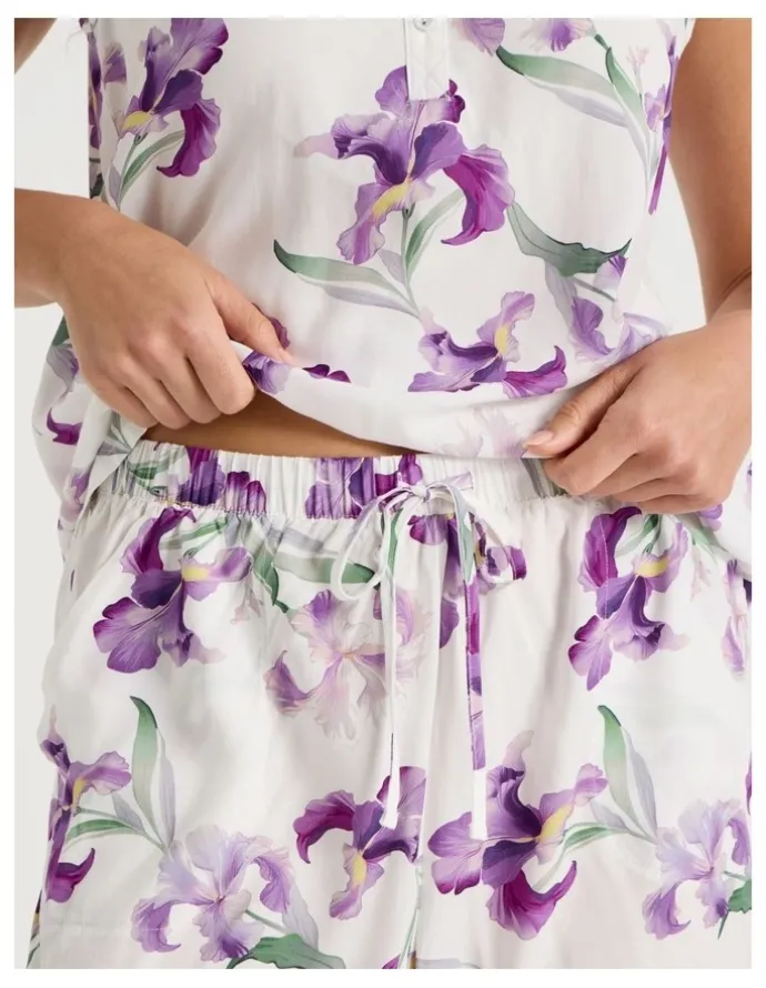 Soho Serene Woven Singlet & Long Pant Pyjama Set in Iris Floral Print