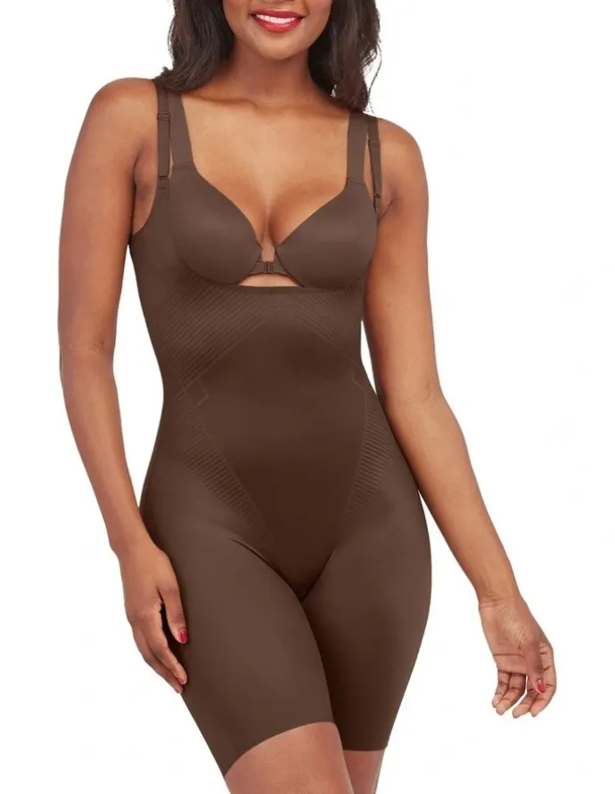 Spanx Shape™ Invisible Open-bust Mid-thigh Bodysuit in Brown
