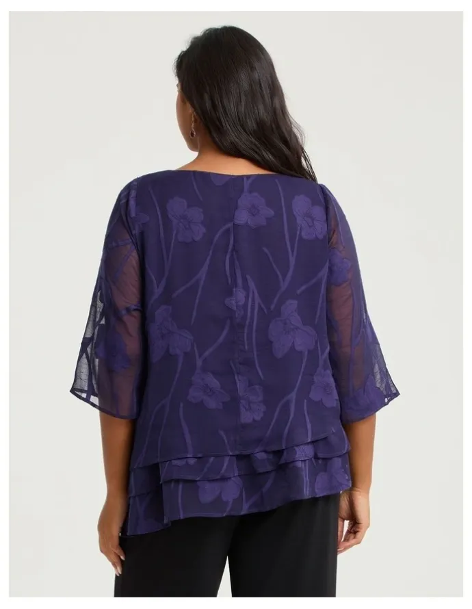 Taking Shape Floral Jacquard Chiffon Blouse Inkberry