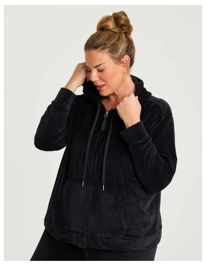 Taking Shape Velour Hooded Zip Through Jacket Black