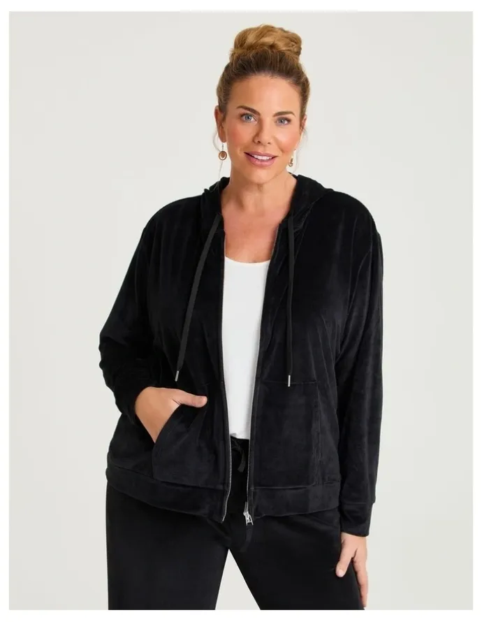 Taking Shape Velour Hooded Zip Through Jacket Black