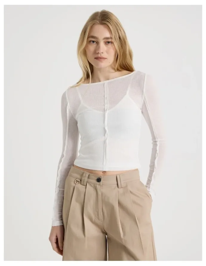 There After Double Layer Sheer Long Sleeve Tee in Snow White
