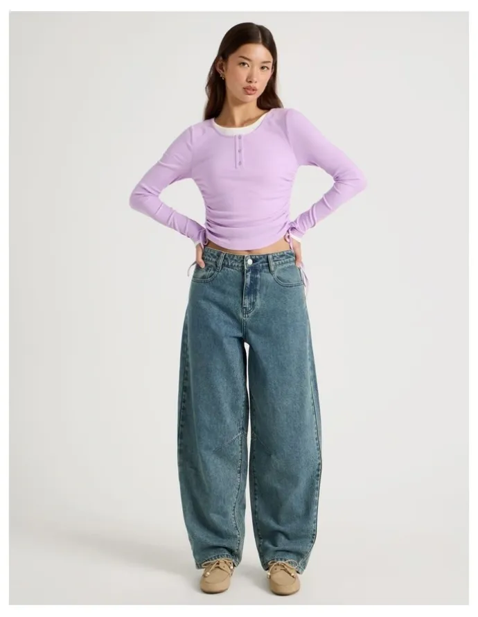 There After Mid Rise Barrel Leg Jean in Mid Blue Wash