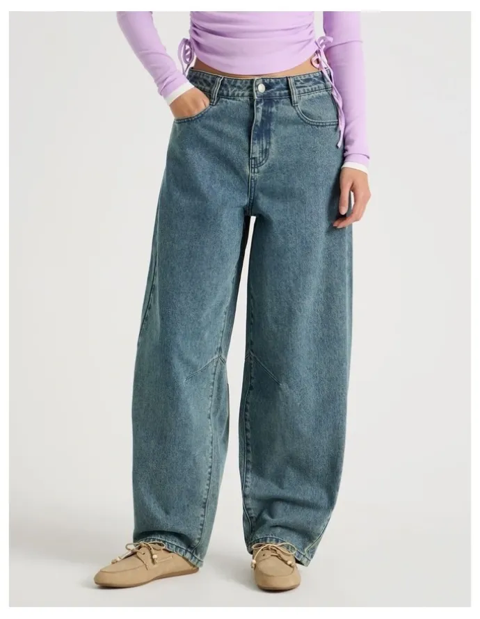 There After Mid Rise Barrel Leg Jean in Mid Blue Wash