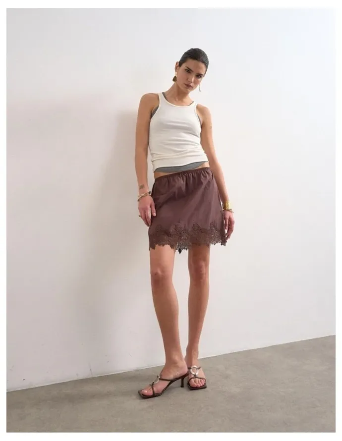 TOPSHOP Lani Lace Mini Skirt in Brown