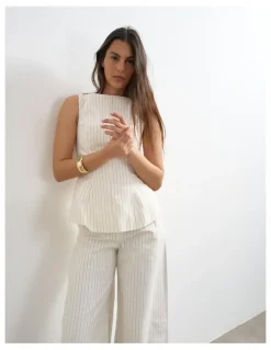 TOPSHOP Para Striped High Neck Top in Ivory Cream