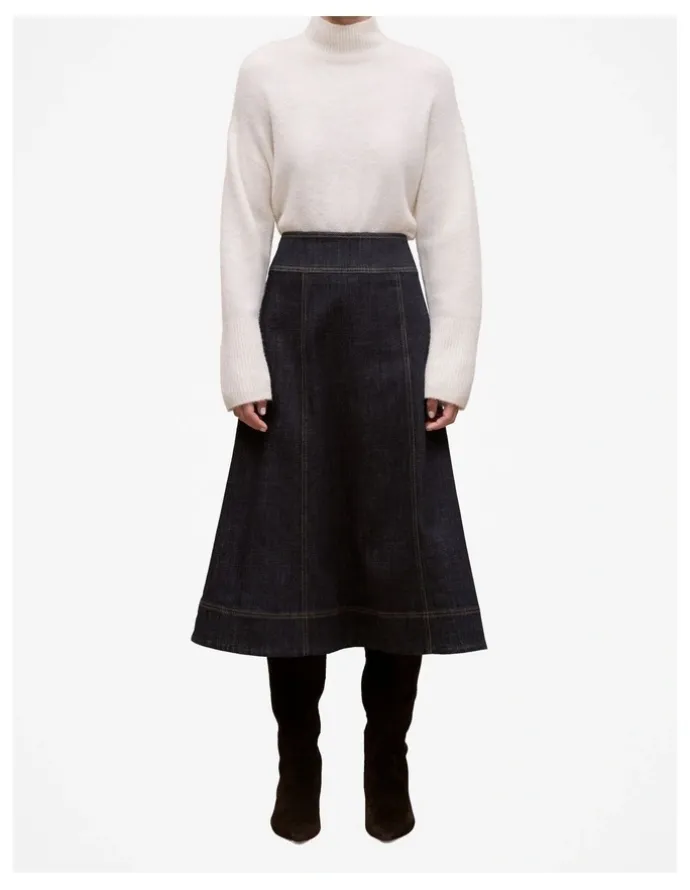 Trenery Australian Cotton Blend Denim Panelled Skirt in Rinse Wash