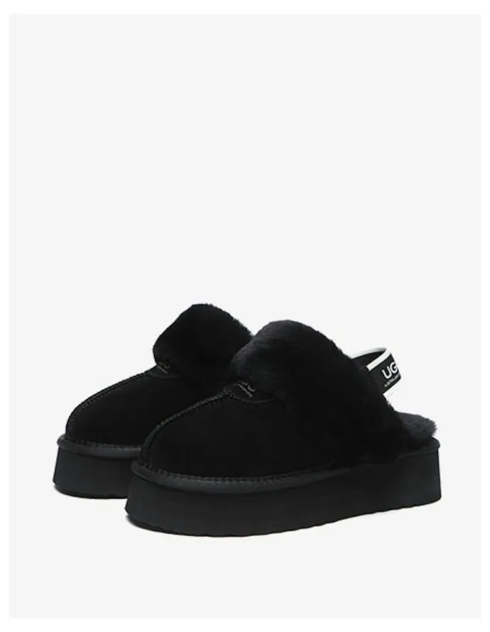 UGG Australian Shepherd Waffle Cow Suede Platform Slippers in Black